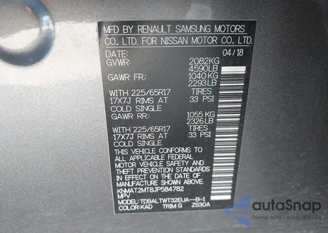 2018 Nissan Rogue Sv z USA, uszkodzony, nr VIN KNMAT2MT8JP584782